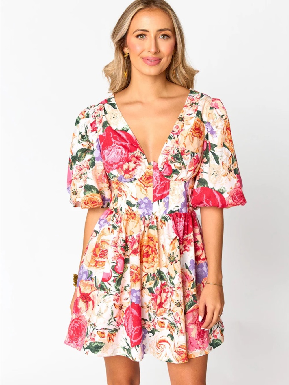 NWT Buddy Love Floral Puff Sleeve V-Neck Mini Dress in Pink Multi